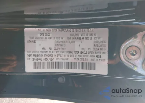 2021 Mazda Mazda3 2.5 S z USA, uszkodzony, nr VIN 3MZBPAAL7MM204894